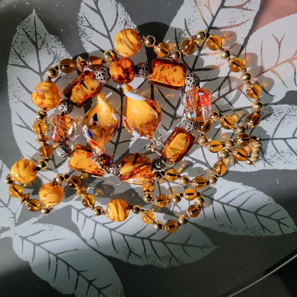 Vintage Murano Necklace Bracelet Earrings Set 24" Beaded Swirl - Picture 12 of 17